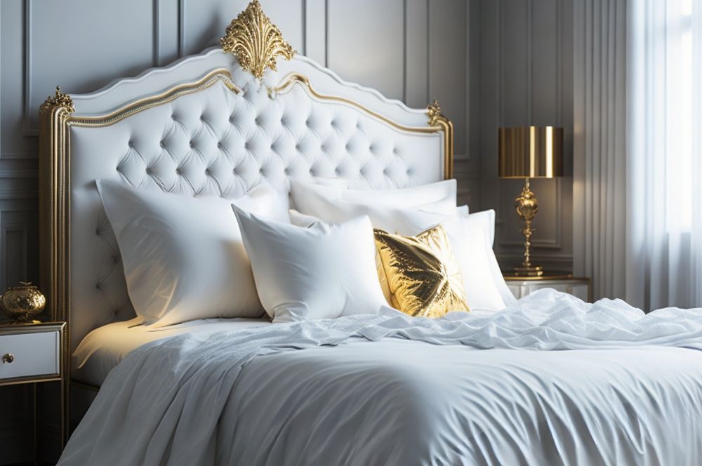 Edles Bett mit gepolstertem Rückenteil, bezogen mit weißem Satin aus handgepflückter Baumwolle.